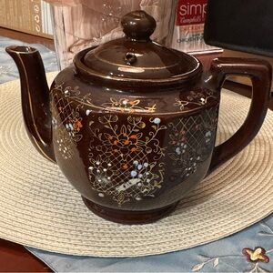 Vintage Brown Betty Moriage Redware Teapot Hand Painted Made in Japan